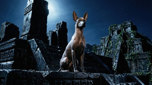 Majestic Xoloitzcuintli dog sits on ancient stone temple ruins, watchful under dark night sky with stars, mysterious.