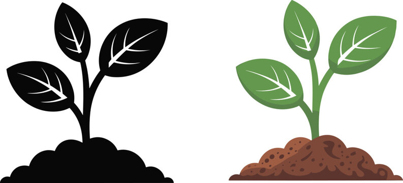 Young green plant seedling growing in soil ground with black silhouette version isolated on white background ecology nature environment growth and gardening concept vector illustration