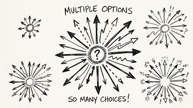 Multiple arrows showing many choices and confusion with question mark, decision