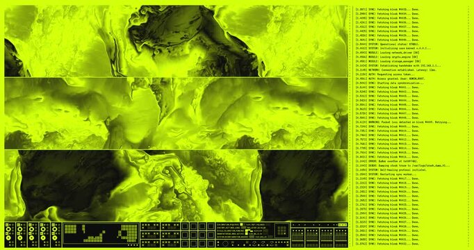 Abstract yellow acid cyberpunk interface with scrolling terminal code and organic liquid motion loop