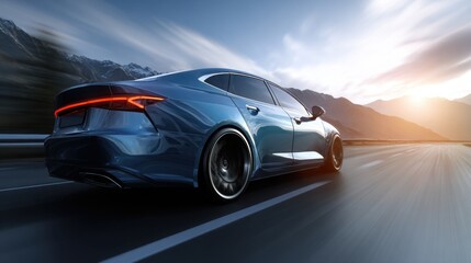 Fototapeta premium car premium sedan speeding along scenic mountain highway at sunset, capturing motion, freedom, and high performance driving in dramatic landscape.