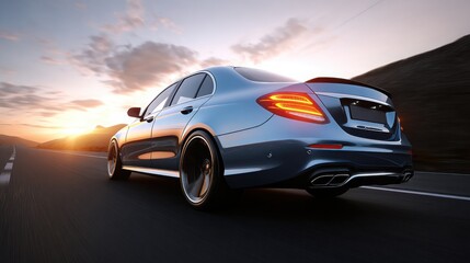Fototapeta premium car premium sedan speeding along scenic mountain highway at sunset, capturing motion, freedom, and high performance driving in dramatic landscape.