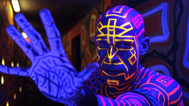 Person with Neon Uv Body Art and Face Paint in Dark Artistic Environment