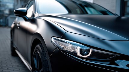 Naklejka premium Close-up of sleek black luxury car front with sharp LED headlight design, highlighting modern automotive styling, precision engineering, and premium quality.
