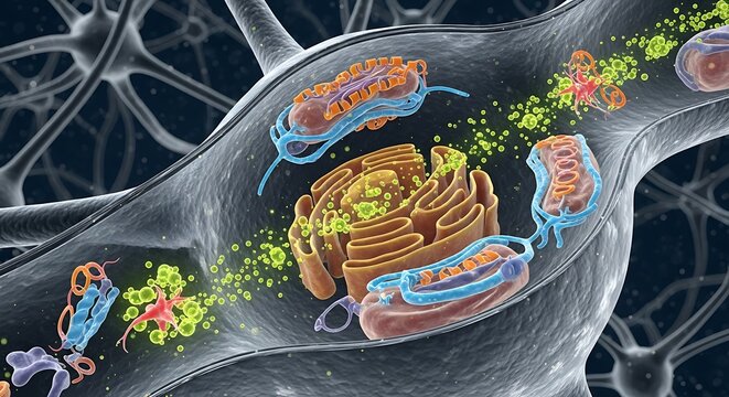 Cellular transport of mitochondria and vesicles within a neuron showing endoplasmic reticulum and golgi apparatus in detail