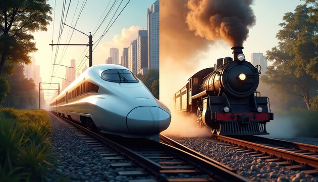 Modern bullet train and old steam locomotive on parallel tracks symbolize rail transport evolution. Fast speed vs historical charm. Cityscape in background.
