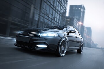 Fototapeta premium car premium sedan speeding along scenic mountain highway at sunset, capturing motion, freedom, and high performance driving in dramatic landscape.