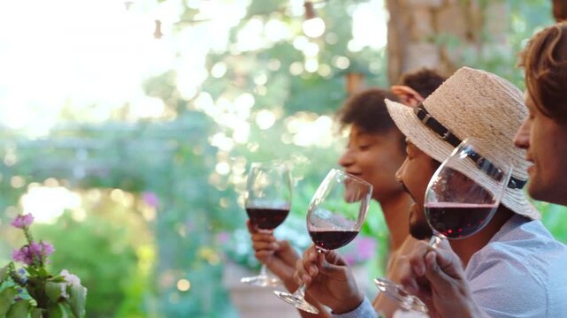 Hands, friends and cheers with red wine in backyard for support, celebration and lunch reunion. Smile, people and toast alcohol for gathering, hangout together and gratitude of Easter holiday in home