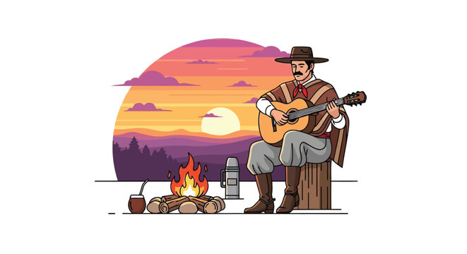 Gaucho playing acoustic guitar by campfire during vibrant sunset isolated on white background