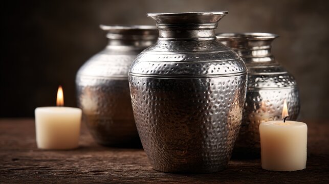 Three Antique Pewter Flagons under Warm Soft Candlelight, Hammered Textures and Aged Details, Casually on Rustic Wooden Table, Shallow Depth Still Life