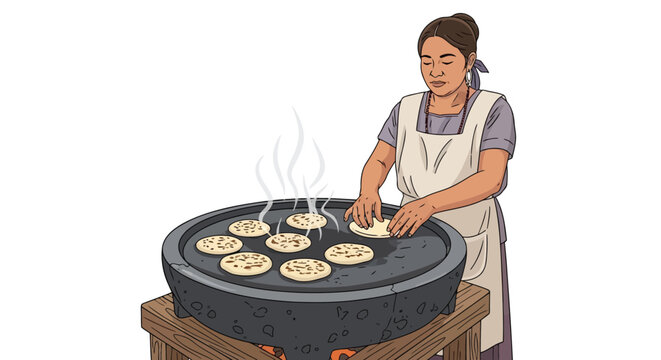 Woman cooking traditional corn tortillas on a clay comal over a fire isolated on white background