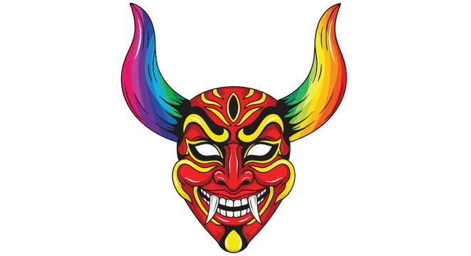 Colorful traditional devil mask with large horns for carnival celebration isolated on white background