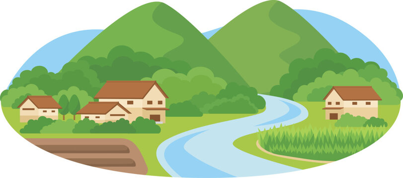 田舎の田園風景を抽象的に描いたシンプルなフラットデザインイラスト