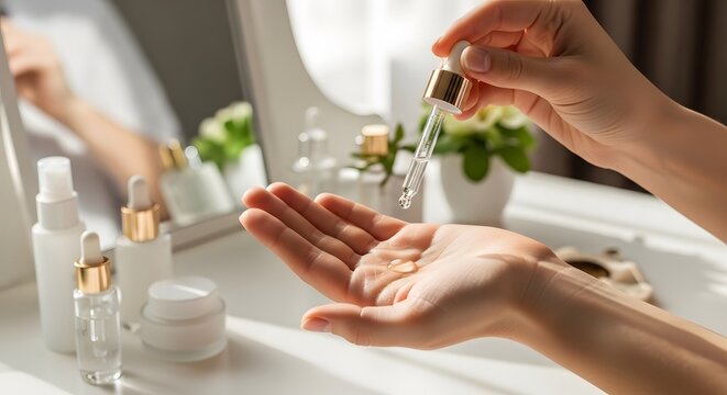 Hands of Woman Applying Liquid Serum or Essential Oil from Dropper