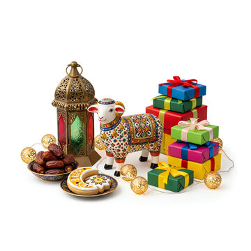 Eid alAdha celebration with gifts cookies and a decorative lamb.
