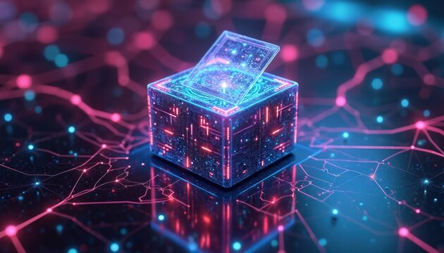 Abstract glowing cube with digital circuits and binary code represents secure online voting system. Network lines connect glowing nodes on dark background. Future tech for democratic elections.