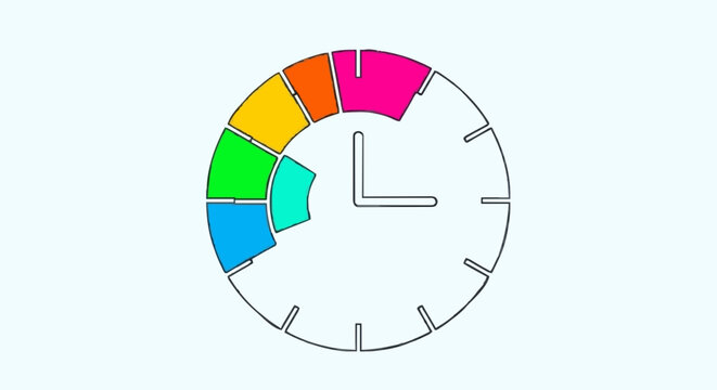 Dynamic graphic depicting a clock face divided into distinct color-coded sections for productivity tracking and task completion