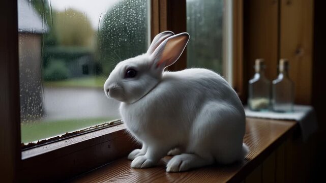 A cute white rabbit sits on a windowsill looking out at the rain. Fluffy domestic pet indoors on a rainy day. Cozy animal concept