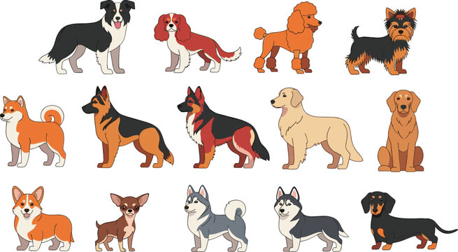 Cute Dog Breeds Collection Set Featuring Pug Bulldog Beagle Dachshund Spaniel and Mixed Puppies in Flat Cartoon Style Vector Illustration for Pet Design.
