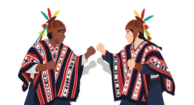 Two indigenous people in traditional ponchos giving fist bump together isolated on white background