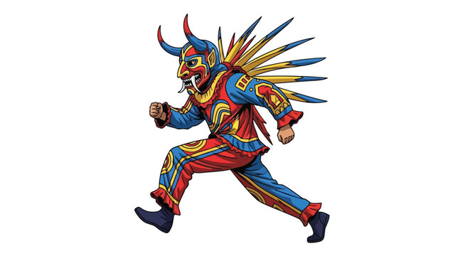 Dancer in colorful traditional devil mask performing ritual dance isolated on white background