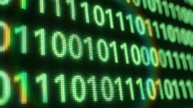 Green binary code displayed on a digital screen, showcasing a continuous flow of ones and zeros in a close-up view, emphasizing the technology and data representation