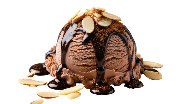 Chocolate ice cream scoop with chocolate sauce and almond slivers