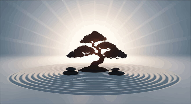 Bonsai tree sits peacefully in a zen garden with stones and raked sand patterns.