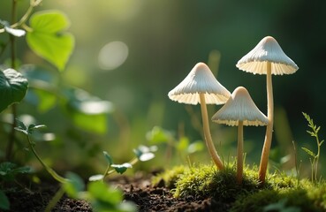 Fototapeta premium Delicate white mushrooms grow on mossy forest floor with green leaves in background. Soft light shines on small fungi stems and caps. Nature detail macro view.