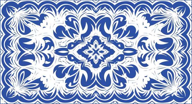Ornate blue and white decorative portuguese azulejo tile pattern isolated on white background