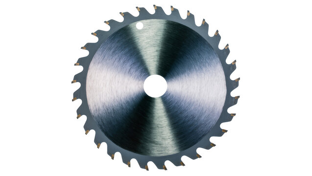 Sharp gray circular saw blade with orange teeth and central hole