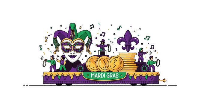 Mardi Gras parade float with mask and gold coins vector illustration isolated on white background