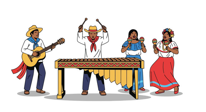 Traditional Latin American musical ensemble playing marimba and guitar isolated on white background