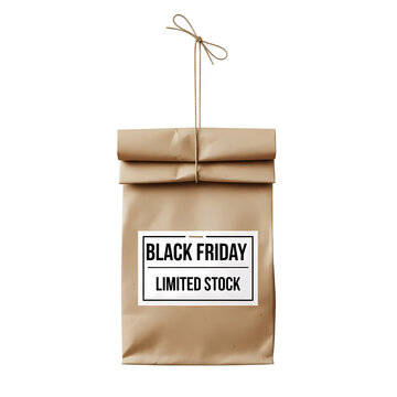 A rustic brown paper bag with a folded top secured by string and a rectangular product label tag