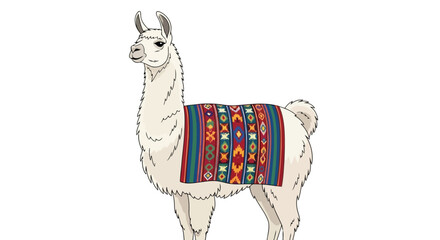 Fototapeta premium Standing fluffy llama with colorful decorative Andean style blanket isolated on white background