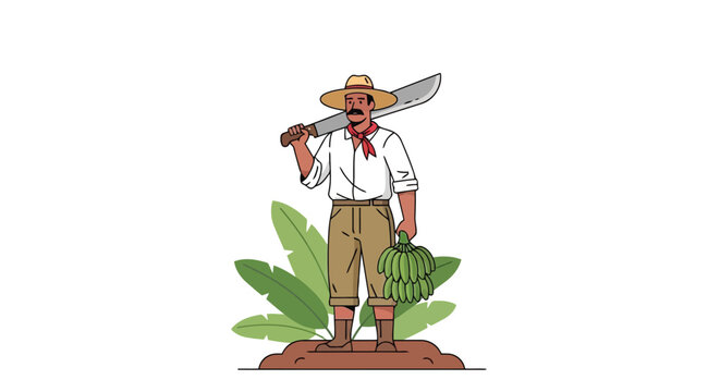 Banana plantation worker holding machete and bunch of fresh bananas isolated on white background