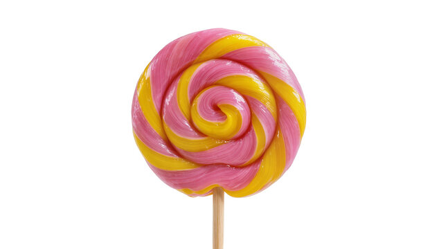 Swirled pink and yellow candy lollipop on wooden stick