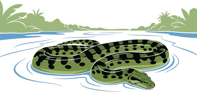 Giant anaconda swimming in water with dense jungle foliage background isolated on white background