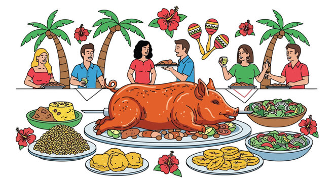 Family gathering for roasted pig feast on tropical island beach isolated on white background