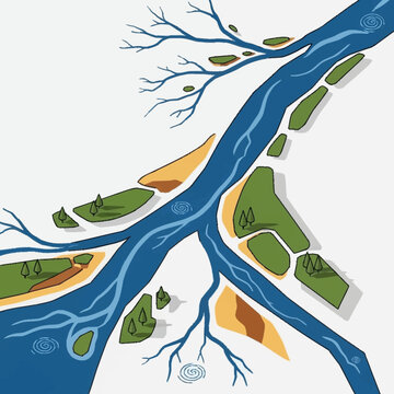 River delta landscape with tributaries and distributaries.
