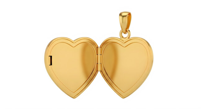 A gold heart-shaped locket with a hinge and loop on a black background