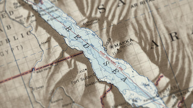 Macro View of Vintage Map Highlighting the Red Sea with Detailed Coastal and Maritime Cartography