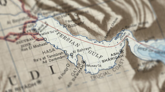 Macro View of Vintage Map Highlighting the Persian Gulf with Detailed Coastal and Maritime Cartography