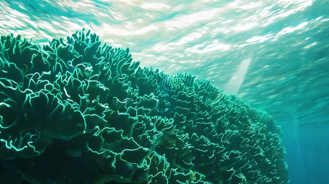 Underwater view of vibrant coral reef with intricate textures and patterns illuminated by sunlight filtering through the water surface in a tropical marine environment