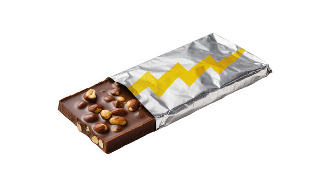 Dark chocolate bar with nuts and crispy rice in silver foil wrapper
