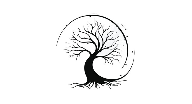 Tree of life stands centered with intricate branches reaching toward a circular arc.