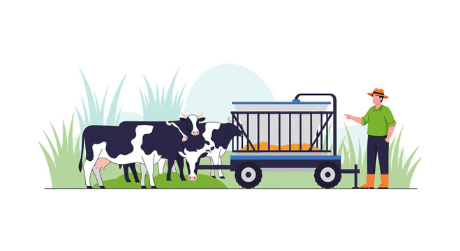 Illustration showcasing a farmer tending to his holstein cows using modern feeding technology