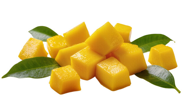 Diced ripe mango chunks with vibrant green leaves arrangement