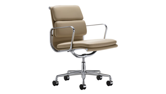 Beige Leather Eames Office Chair with Chrome Frame and Casters