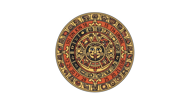 Mayan calendar stone disc illustration with intricate glyph symbols isolated on white background